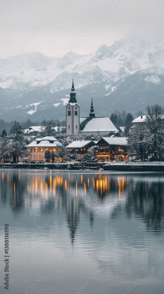 Obraz premium Snow-covered Village by Tranquil Lake With Distant Mountains Reflecting at Dusk