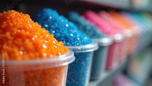 Colorful plastic granules in transparent containers. Variety of colors orange blue pink. Granules signify recycling concept eco-friendly production, plastic waste, environmental protection. Focus on