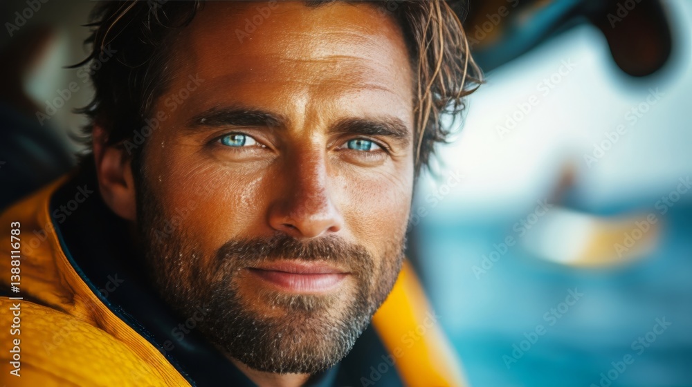 Close-up Portrait of a Man at Sea During a Sunny Day With Bright Blue Eyes and a Confident Smile