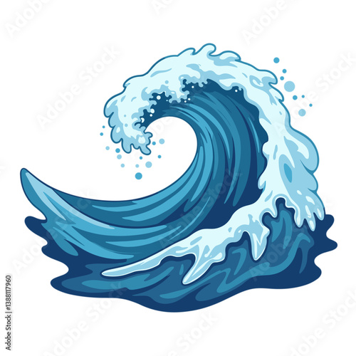Ocean wave illustration with splashes in blue colors  