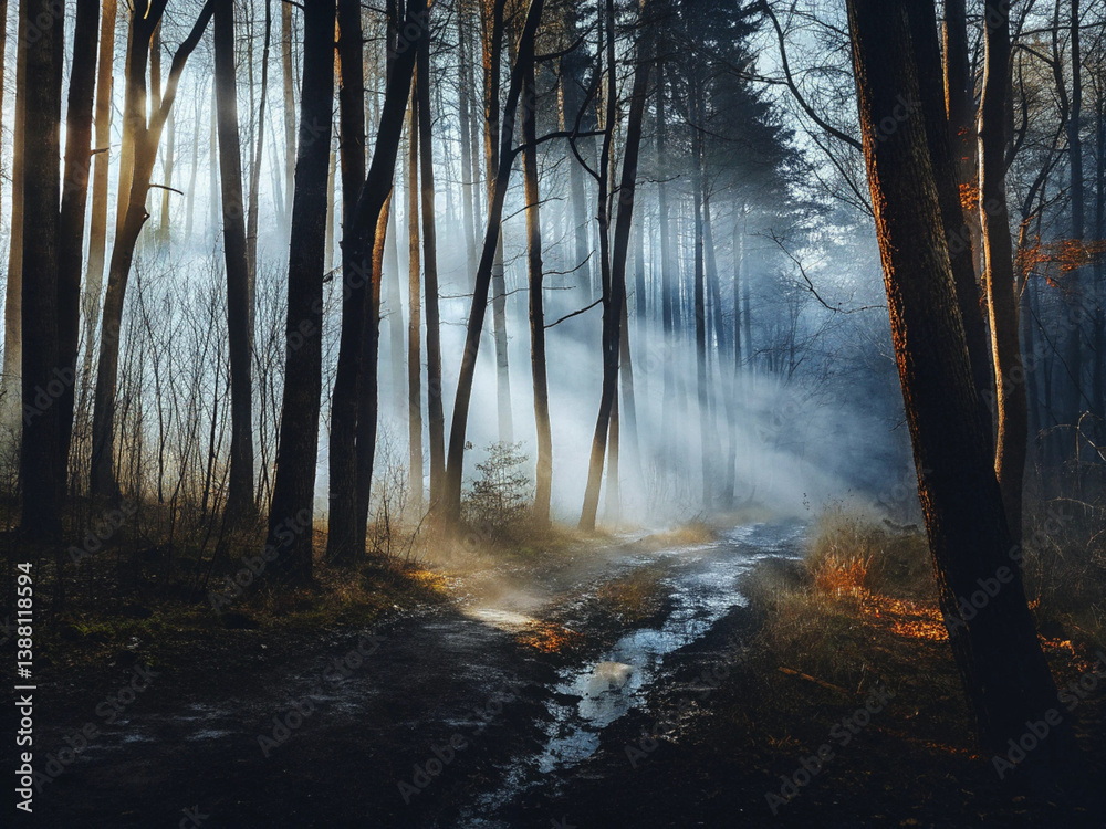 Fototapeta premium Mystical Forest Path with Morning Sun Rays Through Trees