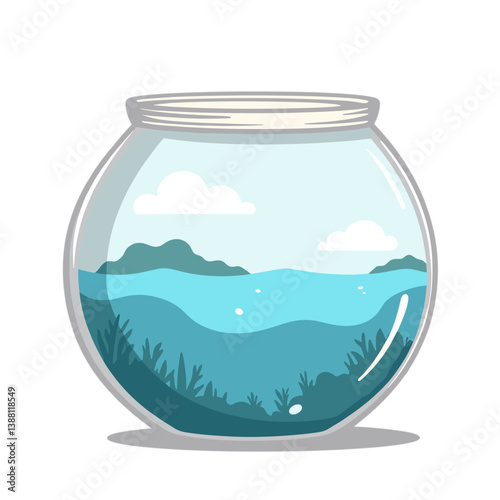 Cartoon aquarium with aquatic plants and gentle waves  