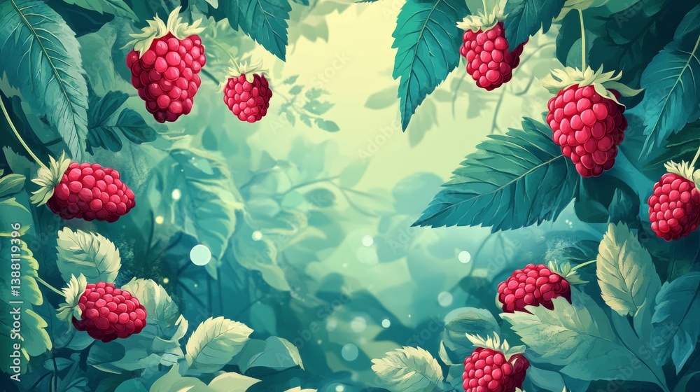 Vibrant Raspberry Fruits Surrounded by Lush Green Leaves in a Tranquil Forest Setting