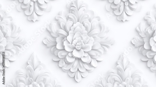 The image shows a repeating pattern of white, ornate floral designs. These three-dimensional flower motifs are arranged symmetrically against a plain white background. The style is classic and elega