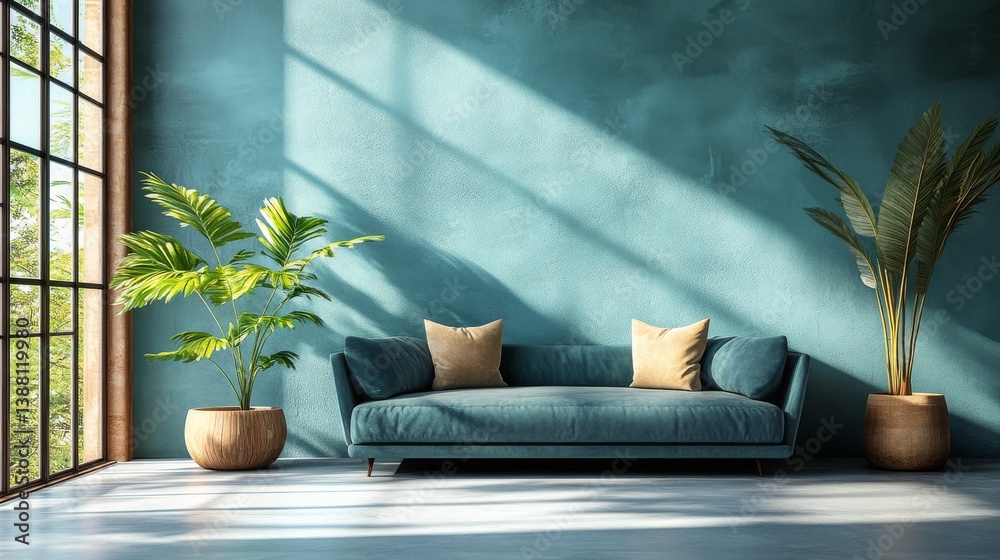 Comfortable Blue Sofa With Decorative Pillows in Modern Living Room Setting
