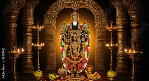 Divine Presence: Intricate Statue of Hindu God Venkateswara in a Gilded Temple photo