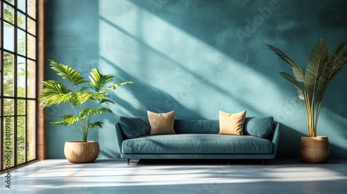 Comfortable Blue Sofa With Decorative Pillows in Modern Living Room Setting