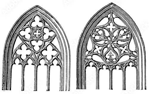 Gothic church window with tracery. Publication of the 