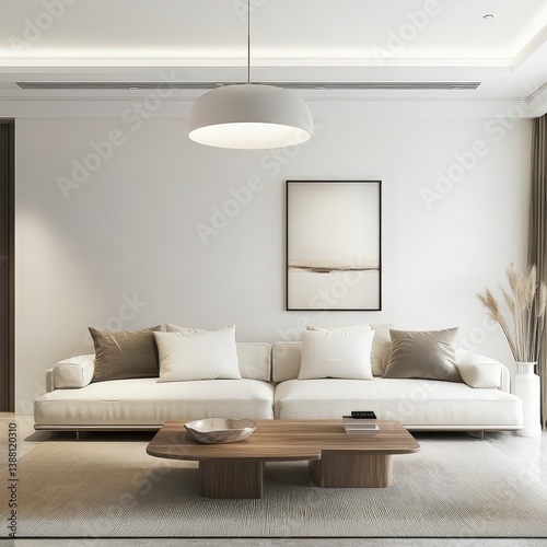 Luxury House Apartment Interior Living Room Minimalist Design White Sofa Painting Picture Frame Mockup in wall with Premium Center Table