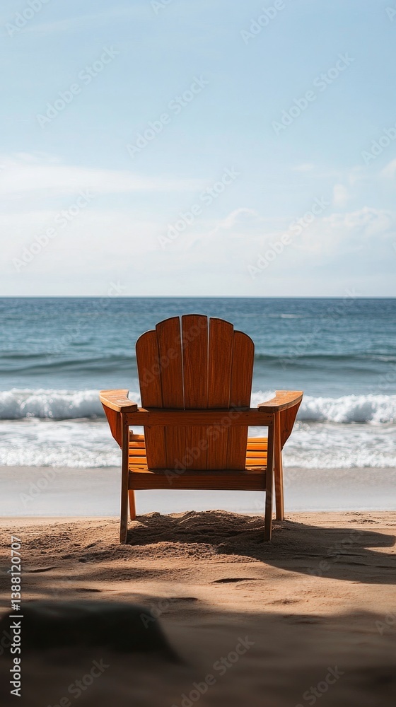 Relaxing Wooden Chair Facing Tranquil Ocean Waves Under a Bright Blue Sky