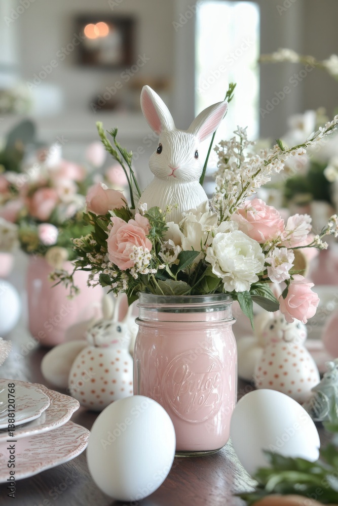 Flowers and Bunny Decorations Create a Festive Atmosphere for Spring Gatherings and Holiday Celebrations