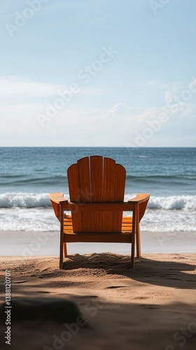 Obraz na płótnie Relaxing Wooden Chair Facing Tranquil Ocean Waves Under a Bright Blue Sky w salonie
