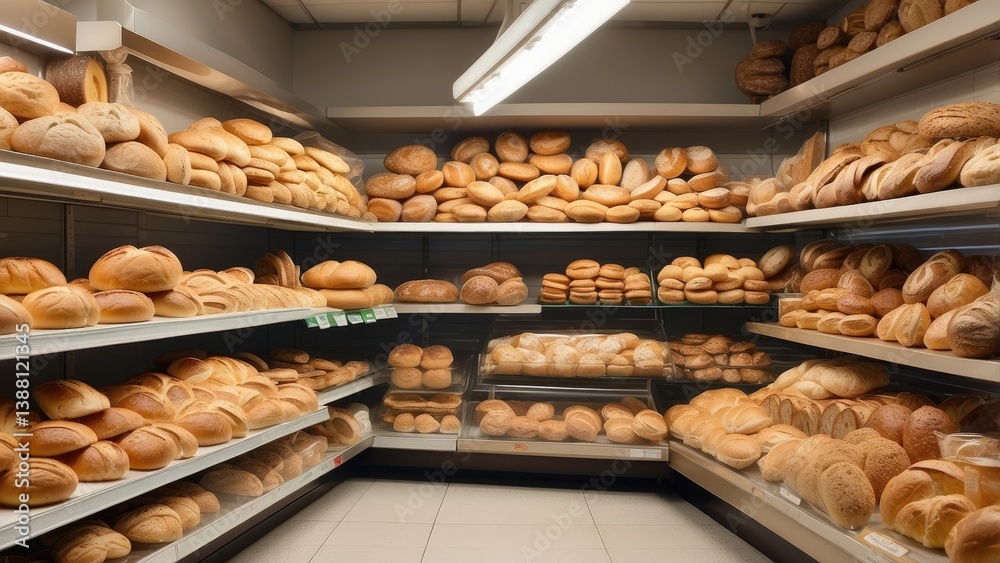 Shelves filled with an assortment of freshly baked loaves of bread. Shelves filled with an assortment of freshly baked loaves of bread.