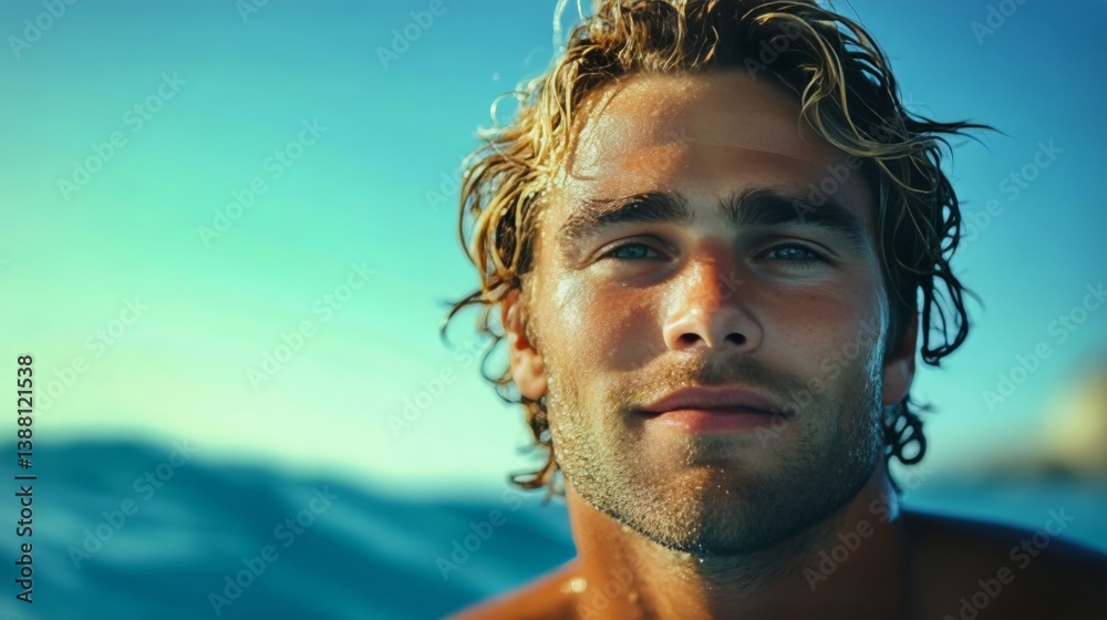 Young Man Enjoying a Summer Day at the Beach With Sunlit Ocean Waves in the Background