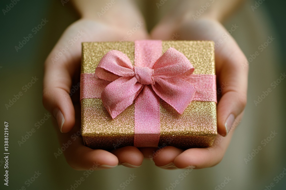 Gift Box With Pink Ribbon Held in Hands, Perfect for Special Occasions or Celebrations