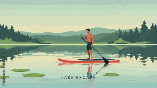 Man doing stand up paddle in tranquil lake in the mountains. Lake escape banner. Colorful illustration banner