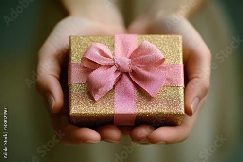 Gift Box With Pink Ribbon Held in Hands, Perfect for Special Occasions or Celebrations