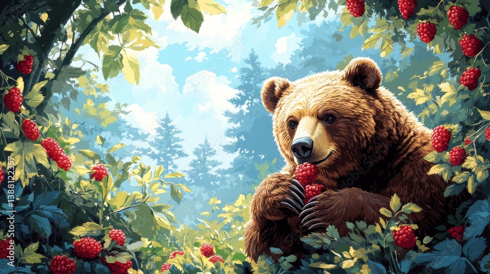 Bear Enjoying Ripe Berries in a Lush Forest Setting During Daylight Hours