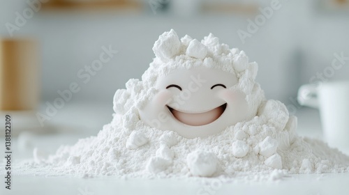 A smiling face peeks from a mound of white flour. The image is simple, with a blurred background. Its well-lit, showcasing a high-quality, soft focus. The style is whimsical and playful. The overall m photo