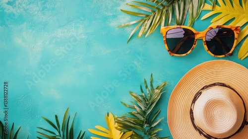 Summer Accessories on a Vibrant Background With Tropical Leaves and Shades