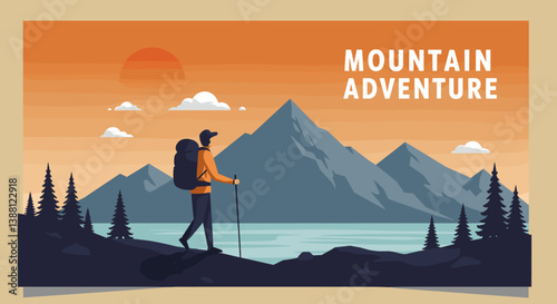 Man doing trekking in mountain landscape at sunset. Mountain adventure minimalist illustration banner