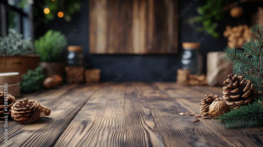 Cozy Winter Decoration With Pinecones and Greenery on a Rustic Wooden Surface