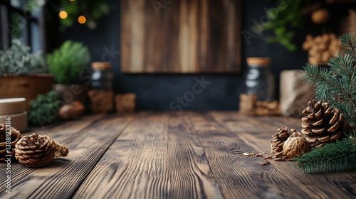 Obraz na płótnie Cozy Winter Decoration With Pinecones and Greenery on a Rustic Wooden Surface w salonie
