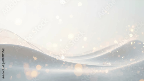 smooth, light-colored flowing waves or curves on a soft gradient background. Add small glowing light particles or bokeh effects scattered across the image. Use a light beige and white color palette 