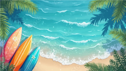 vector illustration of multiple surfboards lined up vertically along the bottom edge of the image, with a top-down view of clear blue ocean water in the background. The water has light reflections and