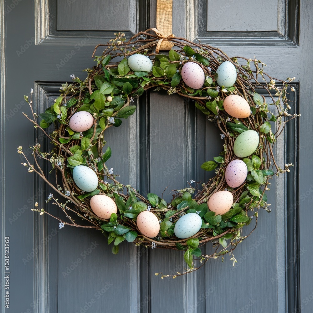 Beautiful Decorative Wreath Featuring Pastel Colored Eggs on a Front Door