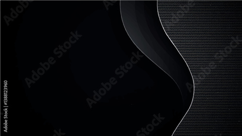 Vector illustration of a black background with smooth curved layered shapes. The layers feature varying shades of dark gray and black, with subtle gradients and highlights to create a sense of depth a