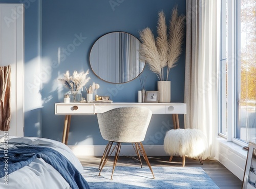 A well lit bedroom featuring a vanity table and a large window
