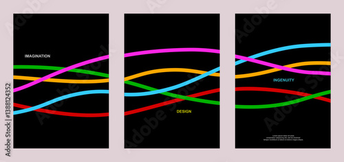 Abstract wave line poster background. Set cover card with colored wavy lines. Modern gradient texture. Banner, cover, wallpaper pattern - vector
