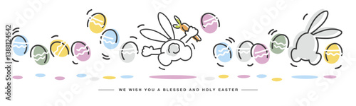 We wish you a blessed and holy Easter. Easter handwitten jumping colorful eggs and rabbits line design on a white isolated background