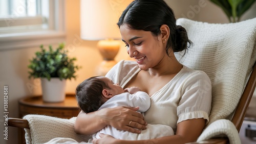 An Indian Mother Breastfeeding Her Infant in a Peaceful and Cozy Home