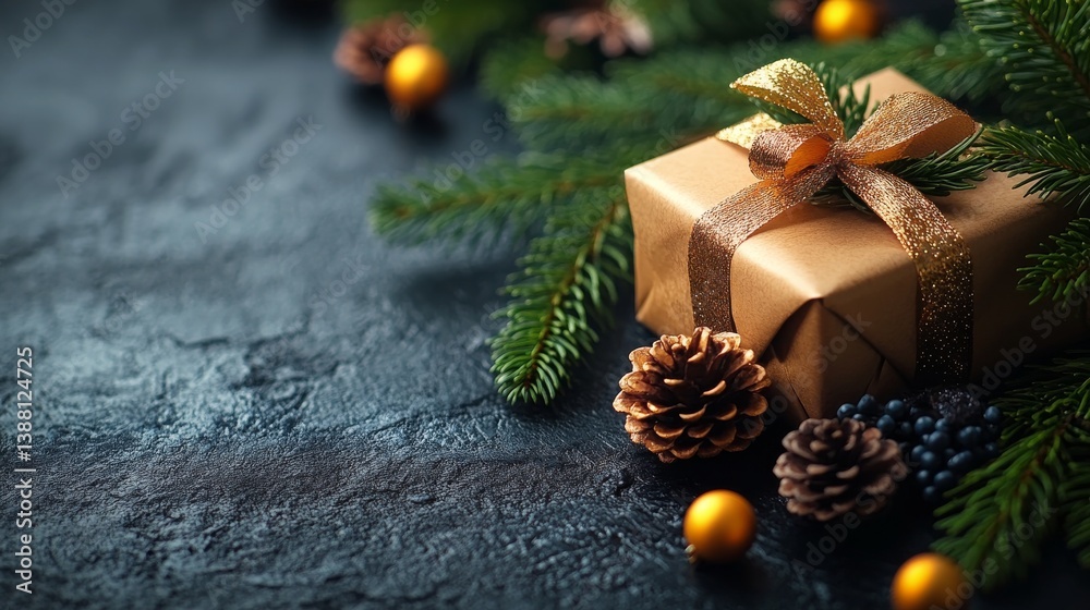 Gift Box Decorated With Gold Ribbon and Pine Cones Surrounded by Festive Greenery and Ornaments