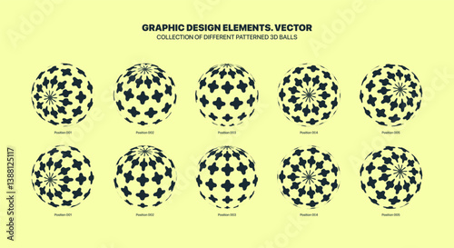Assorted Various Black 3D Balls In Different Positions With Halftone Cross Pattern Vector Graphic Set Isolated On Yellow Background. Contemporary Graphic Variety 3D Spheres Design Elements Bundle