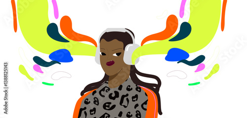 Girl listening to music. Young happy woman in headphones. Female in head phones, smiling and enjoying favorite tune, song, melody, playlist. Flat vector illustration
