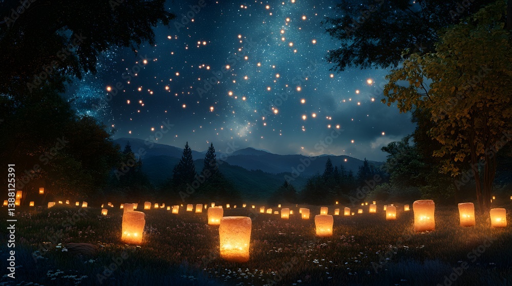 A dreamy forest clearing glowing with lanterns under a sky full of stars A dreamy forest clearing glowing with lanterns under a sky full of stars