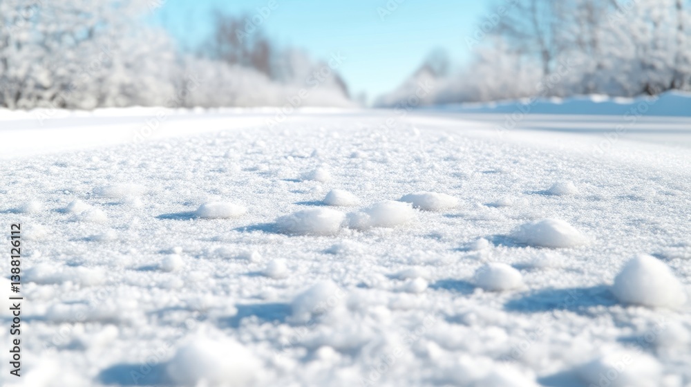 A snowy road is depicted, covered in small, textured snow piles. The background shows blurred, snow-covered trees and a clear sky. The image is high-quality, with soft lighting and a shallow depth o A snowy road is depicted, covered in small, textured snow piles. The background shows blurred, snow-covered trees and a clear sky. The image is high-quality, with soft lighting and a shallow depth o