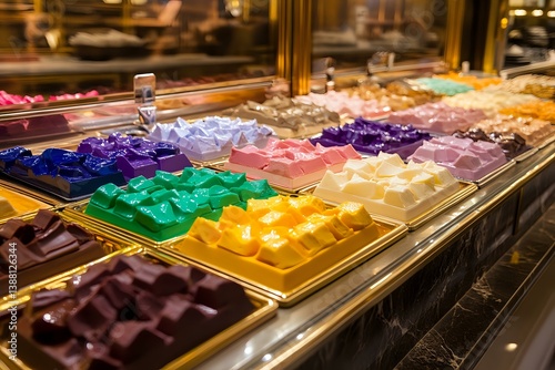 Colorful array of gourmet chocolate bonbons and confections displayed in elegant gold trays at luxury candy shop counter, showcasing artisanal sweets in vibrant hues.