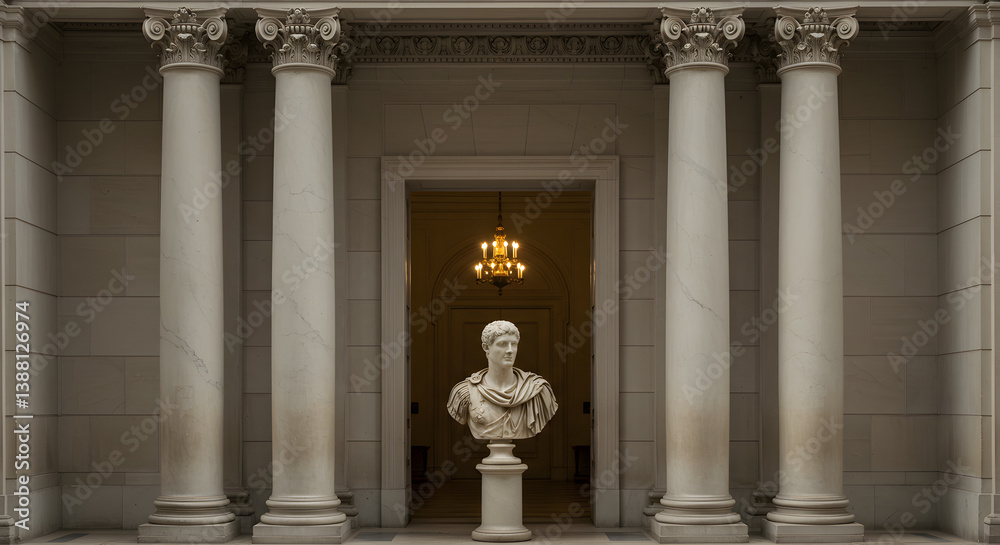 Obraz premium Neoclassical Architectural Marvel Featuring Marble Bust and Fluted Columns