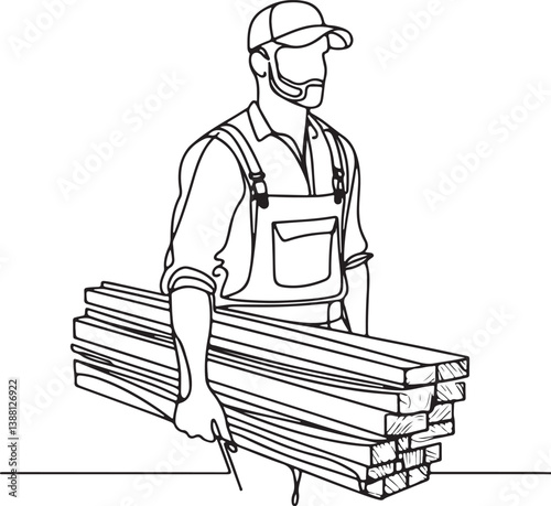 Lumberjack Carrying Wooden Boards Line Art Illustration