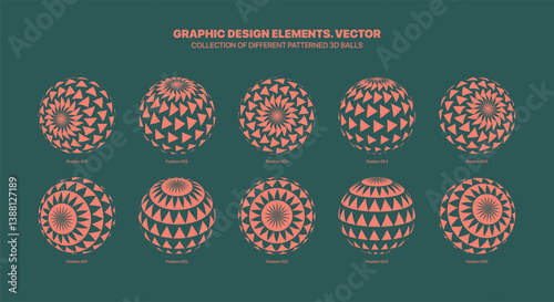 Assorted Various Orange 3D Balls In Different Positions With Halftone Triangle Pattern Vector Graphic Set Isolated On Green Background. Contemporary Graphics Variety 3D Spheres Design Elements Bundle