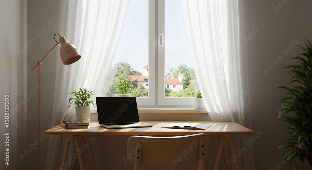 Fototapeta premium Serene Workspace with Laptop and Open Window for Work from Home Concept