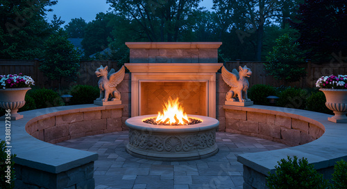 Elegant Outdoor Fireplace With Gryphon Statues And Stone Seating At Twilight