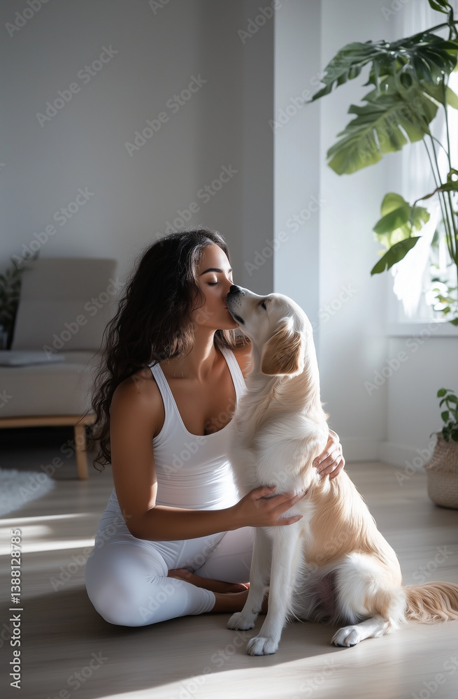 Young pregnant woman wearing white is kissing her golden retriever dog while sitting on the floor at home