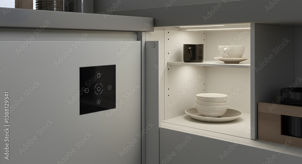 Modern Kitchen Cabinet With Touchpad Control And Interior Shelf Lighting Modern Kitchen Cabinet With Touchpad Control And Interior Shelf Lighting