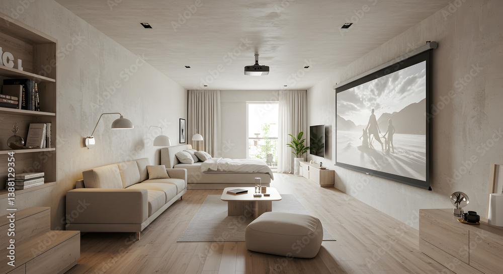 Fototapeta premium Modern Open Concept Studio Apartment With Retractable Projector Screen