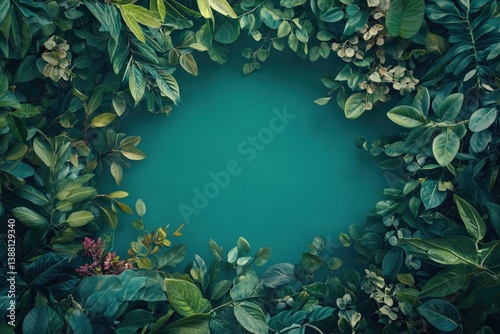 Wreath of green leaves and flowers on blue